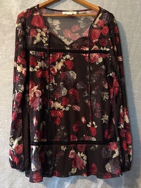 Skies The Limit Boho Blouse Pullover Long Sleeve Black Floral Women’s Sz XL